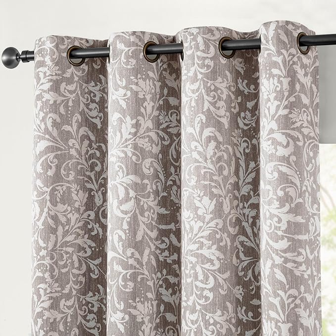 jinchan Blackout Curtains for Bedroom, Taupe Grey Scroll Floral Patterned Curtains 72 Inch Length for Living Room, Vintage Art Deco Drapes, Thermal Insulated Window Curtains Grommet 2 Panels
