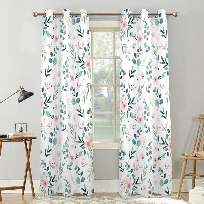 Renaiss Leaf Curtains Green Leaves Print Blackout Window Curtains for Bedroom Botanical Plants Grommet Top Room Darkening Window Drapes for Living Room 53W x 84L Inch Two Panel Set