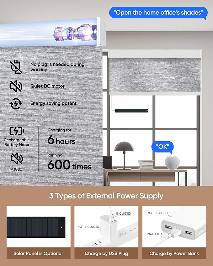 Kincmo Motorized Blinds with Remote,100% Blackout Motorized Roller Shades Work with Apple Homekit,Alexa,Google, Custom Electric Blinds with App,Voice Control (Atlantic Grey)