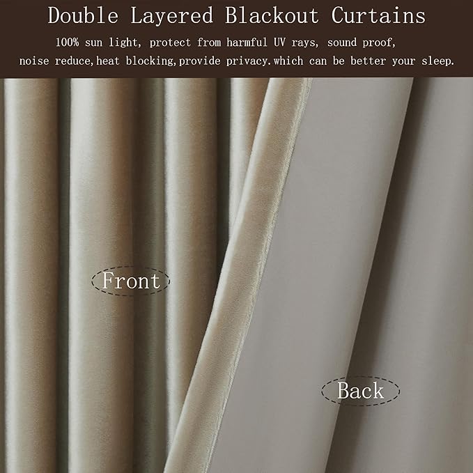 100% Full Blackout Champagne Beige Velvet Curtains 120 inch Long for Living Room,Set of 2 Liner Rod Pocket Back Tab Thermal Window Curtains Room Darkening Decorative Curtains Drapes for Bedroom