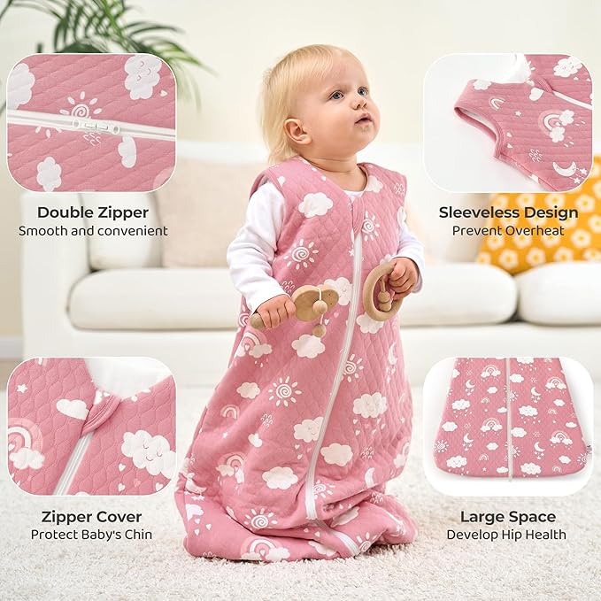 FIEMOL Baby Sleep Sack 12-18 Months 2.5 TOG, Winter Cotton Sleepsack for Toddler, Warm Quilted Baby Wearable Blanket, Baby Sleeping Bag with 2-Way Zipper Pink Rainbow