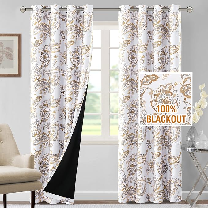 H.VERSAILTEX 100% Blackout Curtains for Bedroom Paisley Floral Printed Curtains 96 Inches Long Grommet Curtains & Drapes Thermal Curtains Window Treatments with Black Liner 2 Panels, Taupe