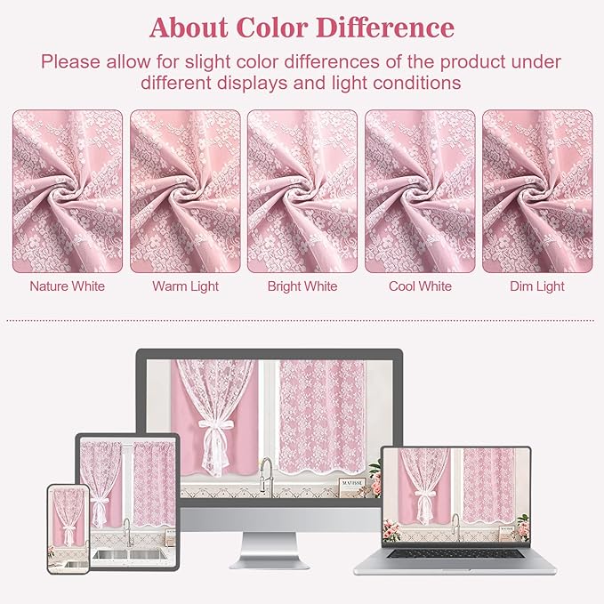 Yinhua Pink Kitchen Curtains 36 Inch Length Double Layer Blackout Cafe Curtains with Floral Sheer Overlay Rod Pocket Short Curtain for Windows, Small Window Curtain for Bathroom, Living Room, 2 Panels