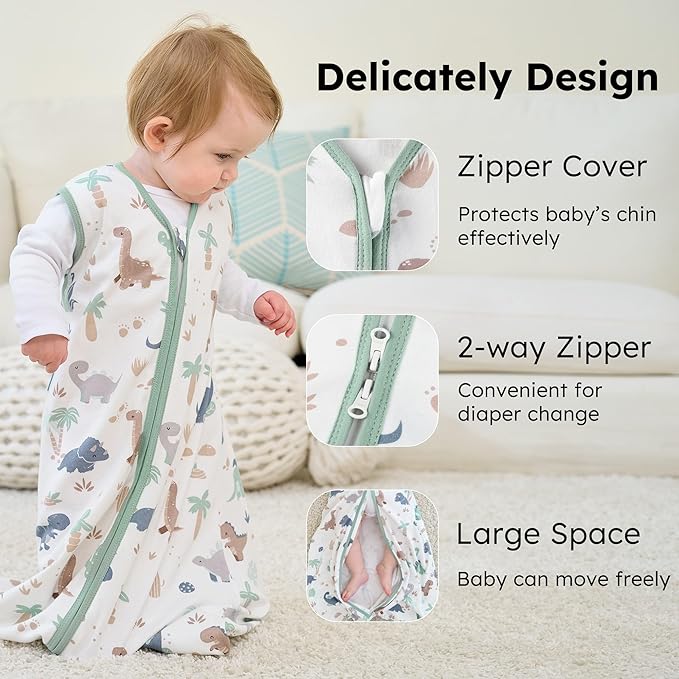 FIEMOL Baby Sleep Sack 18-24 months, 100% Cotton Sleep Sack for Newborn Wearable Blanket Baby, 0.5 Tog Lightweight Double Zipper Sleeping Bag Dinosaur 1 Pack