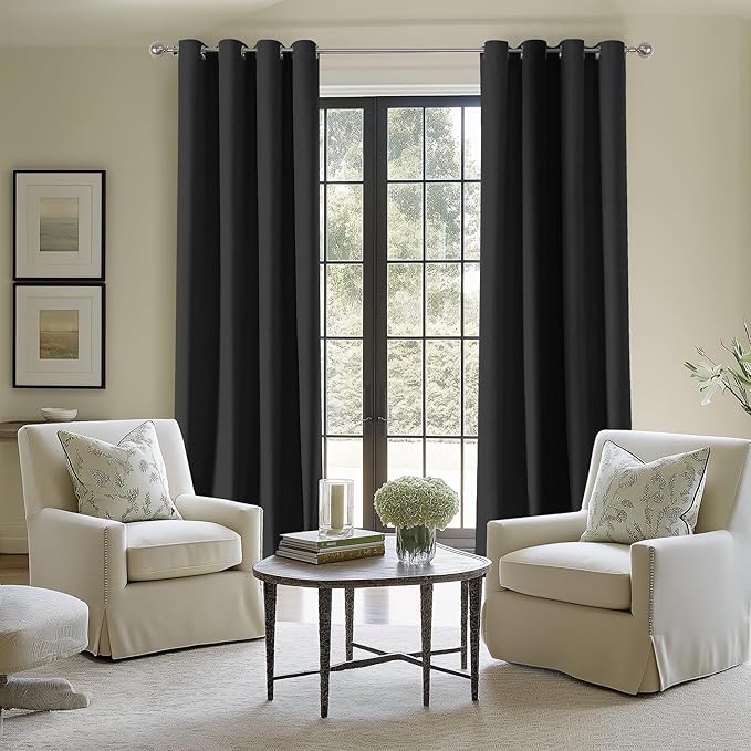 ChrisDowa 100% Blackout Linen Curtains 84 Inches Long 2 Panels for Bedroom Living Room Farmhouse Room Darkening Thermal Insulated Soundproof Grommet Top Window Treatment Drapes(52x84,Black)