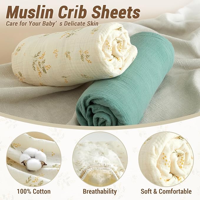 Heavyweight Muslin Baby Crib Sheets - 2PCS 52"x28" Neutral Fitted Crib Sheets for Boys Girls, Breathable Soft 100% Organic Cotton Standard Baby Mattress Sheet (Sage Green, Leaf)