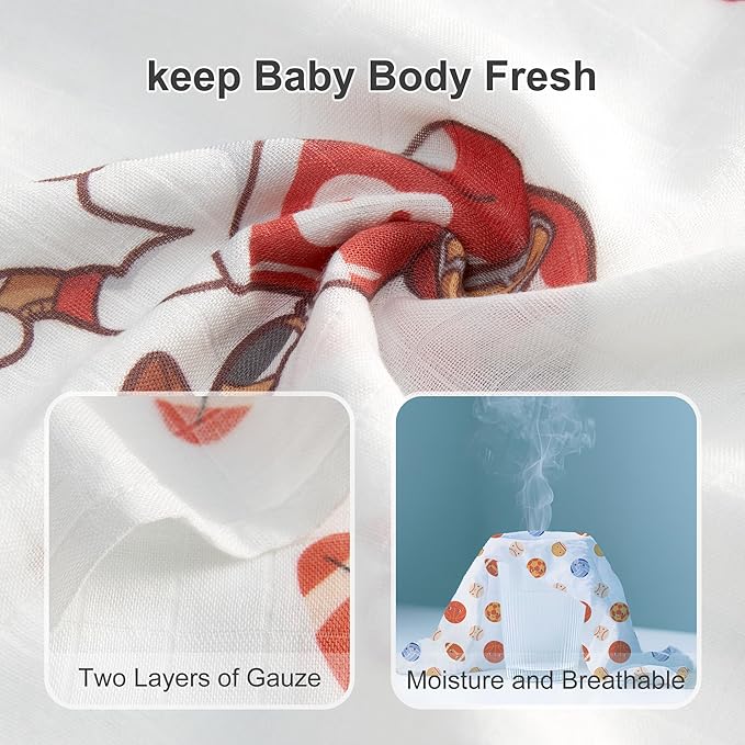 70% Rayon Made from Bamboo 30% Cotton Muslin Swaddle Blanket, 47 x 47 Inches, Basketball Print Baby Receiving Blanket, Soft and Breathable, Unisex, 4 Pack