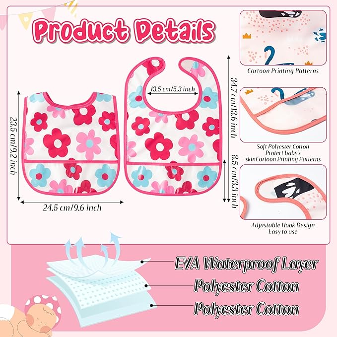 2ooya 6Pcs Waterproof Toddler Bibs Baby Feeding Bib Set with Crumb Catcher Pocket, Infant Adjustable Baby Teething Bib, Babies Sleeveless Animals Food Bibs Keepsake Gift for Baby Shower, 6-24 Months
