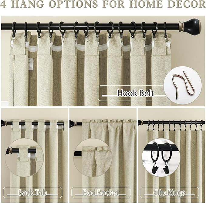 DUALIFE Oatmeal Chartreuse Curtains 102 Length 2 Panels Faux Linen Blackout Thermal Insulated Window Treatment Room Darkening Drapes for Living Room,Back Tab/Rod Pocket, 50 by 102 Inches Long