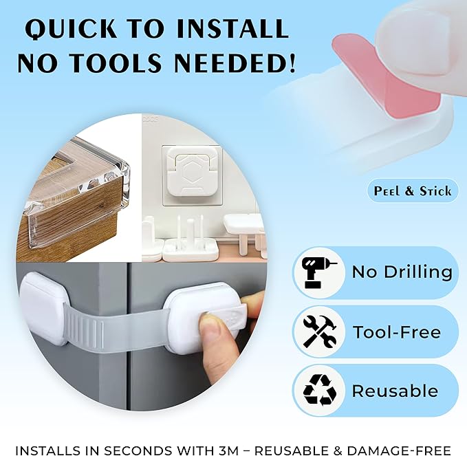 Baby Proofing Kit (15 Pack) – Complete Child Safety Set for Home Protection | Includes Cabinet Locks, Corner Guards & Outlet Covers | Easy No-Tool Install – Keep Your Baby Safe & Parents Stress-Free