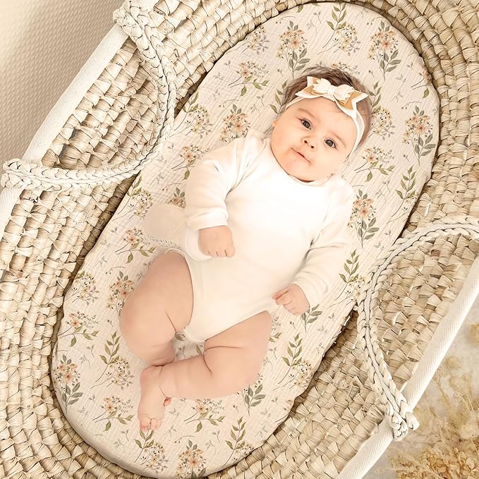 lulumoon Baby Bassinet Sheets Muslin: Soft Fitted Bassinet Sheets Floral for Girls - Fit for Oval Rectangle or Hourglass Mattress