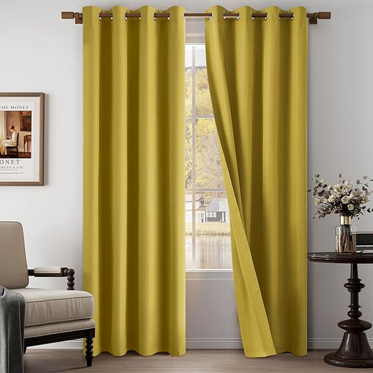100% Blackout Linen Textured Curtains 84 Inch Length 2 Panels Set for Living Room, Bedroom, Light Weight Curtains with Grommets Top, Full Blackout Curtains Privacy Protection, Gold, 52" W x 84" L