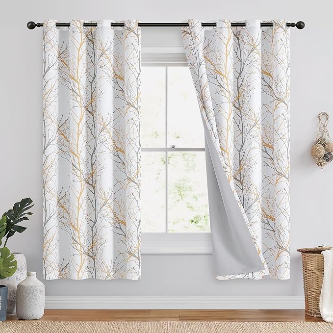 FMFUNCTEX 100% Blackout Curtains Yellow White Tree Liner Curtains for Bedroom, Branch Partterned Curtains 63 inch Length for Living Room, Room Darkening Thermal Insulated Drapes, Grommet Top 2 Panels