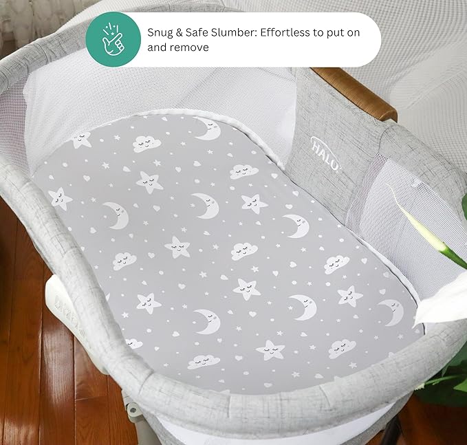 TansyPanda Halo Bassinet Sheets for BassiNest Luxe Swivel, Soothing, Swivel, Lite, Essential Sleeper, 3 Pack, 33 X 17 Inch, Ultra Soft, Snug Fit, Unisex Boys Girls, Gray White (Moon, Stars, Clouds)