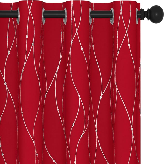 Deconovo Christmas Red Curtains, Blackout Thermal Insulated Soundproof Drape, Wave Line Dot Foil Print, 52 x 95 Inch, 2 Panels, Machine‑Washable Window Panel for Living Room Bedroom Sliding Glass Door