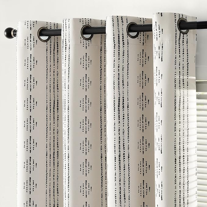 jinchan 95% Blackout Boho Curtains 96 Inch Length for Bedroom Black on Beige Geometric Printed Grommet Top Room Darkening Thermal Insulated Window Drapes 2 Panels