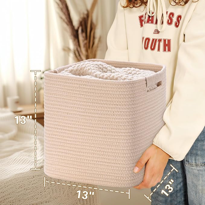 13 Inch Storage Cubes, 3 Pack Cube Storage Bins for Organizing, Cotton Rope Woven Baskets for Shelves, Bathroom, Kids Room, Closets, Baby Nursery
