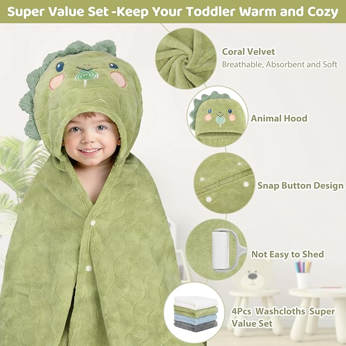 6 PCS Toddler Bath Towel Set for Boy Girl 0-5 Year, 2 PCS Thick Absorbent Hooded Baby Bath Towels Large 55" x 27.5" & 4 PCS Washcloths, Ultra Soft Gift for Infant, Toddler, Kids, Dinosaur & Elephant