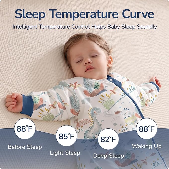Baby Sleep Sack 12–18 Months, 2.5 TOG Warm Cotton Sleep Sack with Detachable Long Sleeves, Winter Wearable Blanket for Cold Nights, 2-Way Zipper Toddler Sleeping Sack, Dinosaur