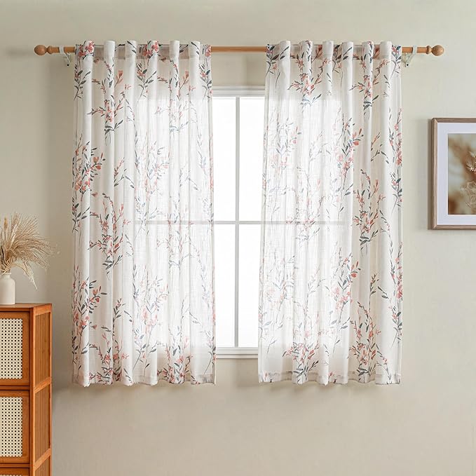 MYSKY HOME Curtains for Bedroom 63 Inch Long Linen Look Semi Sheer Not See Through Window Curtains & Drapes Farmhouse Patterned Country Vintage Style Texture for Living Room, 2 Pcs, Coral