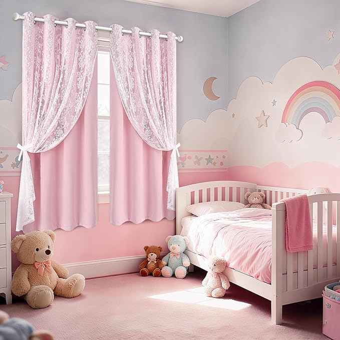 Yinhua Pink Blackout Curtains for Bedroom Double Layer Nursery Curtains for Living Room 84 Inch Length 2 Panels Set Kid Curtain with Floral Sheer Overlay, Grommet Drapes with Tiebacks, 52" W x 63" L