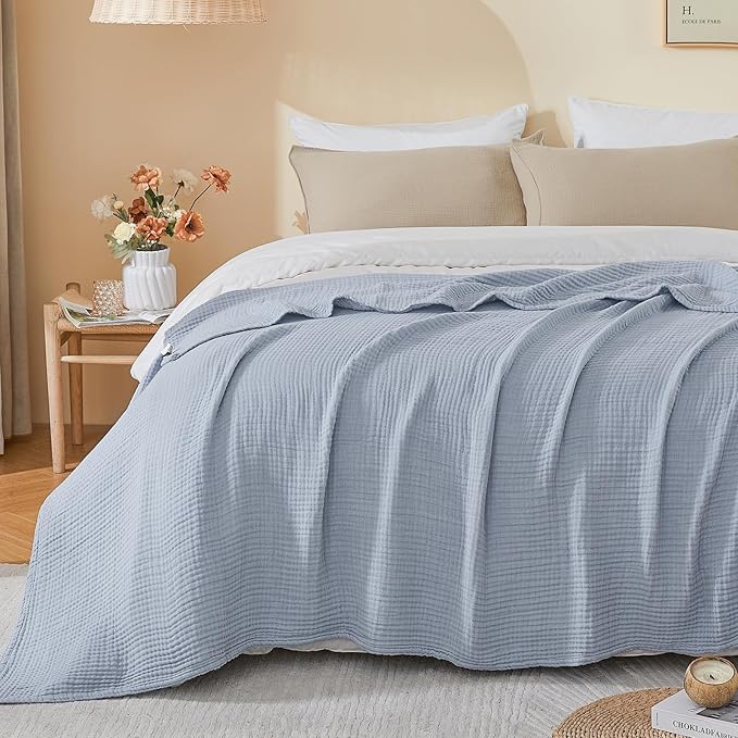 EMME Cotton Muslin Twin XL Blanket Breathable Gauze Soft Lightweight Blankets Adults Gifts for Women (Heather Dusty Blue, 66"x90")
