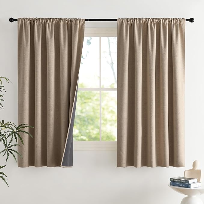 NICETOWN Burlap Vintage 2 Panels Faux Linen 100% Blackout Curtains, 42 x 63 Inches, Rod Pocket Style, Thermal Insulated & Noise Reducing Drapes for Living Room, Bedroom, Modern, Farmhouse