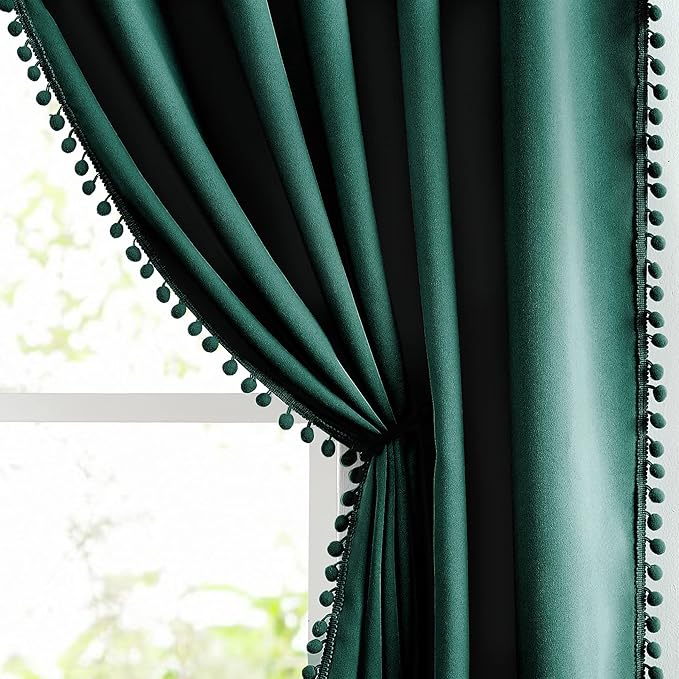 Treatmentex Pompom Green Full Blackout Curtains for Bedroom Living Room 63 inch Thermal Insulated Window Curtain Panels for Christmas Décor 52" w x2 Panels Rod Pocket