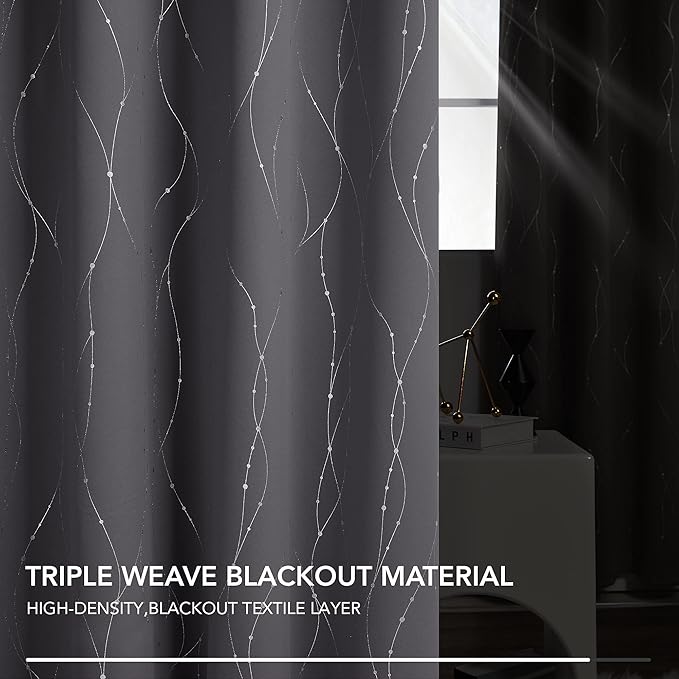 Deconovo Short Curtains Grey, Blackout Kitchen Curtain, Thermal Insulated Soundproof Drapes, Wave Dots Foil Print, 42 x 45 Inches, 2 Panels, Machine‑Washable Privacy Window Panel for Small Windows