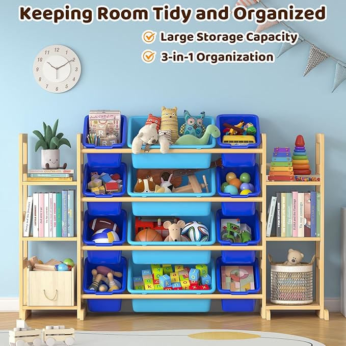 Large Toy Storage Organizer Kids Toy Organizer and Bookshelf Combo with 12 Bins and 6 Shelves Toy Organization Box Toy Shelf for Playroom, Bedroom, Nursery