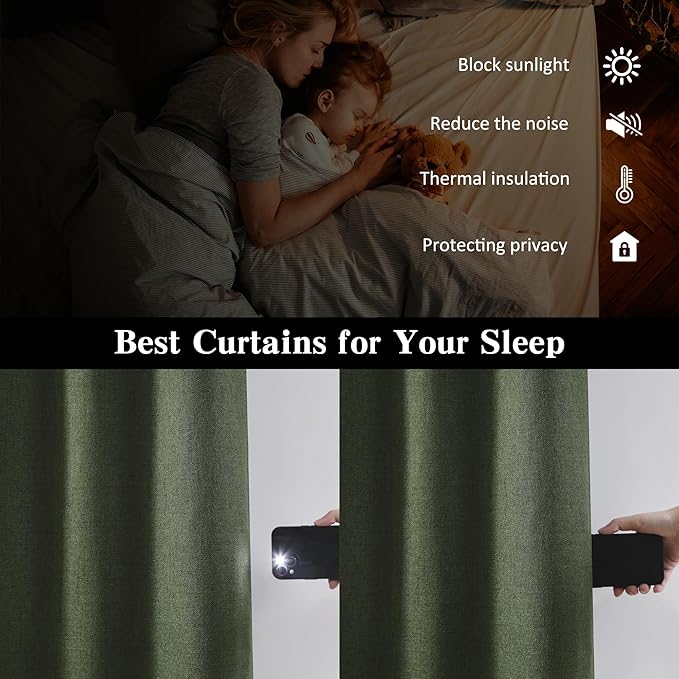RAIN CITY Extra Wide Linen Blackout Curtains & Drapes with Hooks 70 in Width for 60&72 Inch Window 2 Panels,Back Tab Pleated Curtains for Track System Sliding Glass Door 70x96,Loden Olive Green