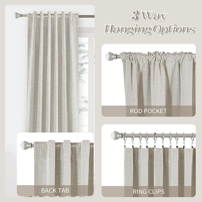 100% Blackout Linen Curtains - Rod Pocket Extra Long Back Tab Window Curtain, 108 Inches Long Thermal Insulated Black Out Room Darkening Drapes 9 FT for Living Room