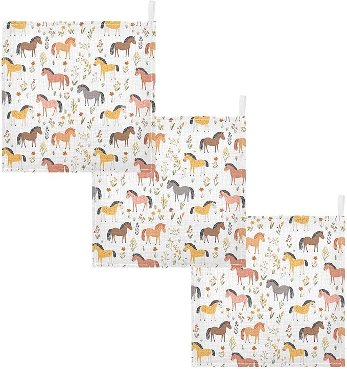 vvfelixl Baby Muslin Washcloths Cartoon Horses Graze Baby Burp Cloths Cotton Babys Face Towel for Newborn Infants Boys Girls Soft and Absorbent 11.8 X 11.8 in, 3 Pack