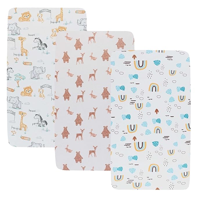 Onacosht Stretchy Bassinet Sheets 33" x 19" Compatible with Mika Micky, KoolaBaby (3 in 1), BabyBond, HARPPA and RICUTON Bedside Bassinet, 3 Pack for Baby Boy and Girl, Unisex Cute Animal Printing