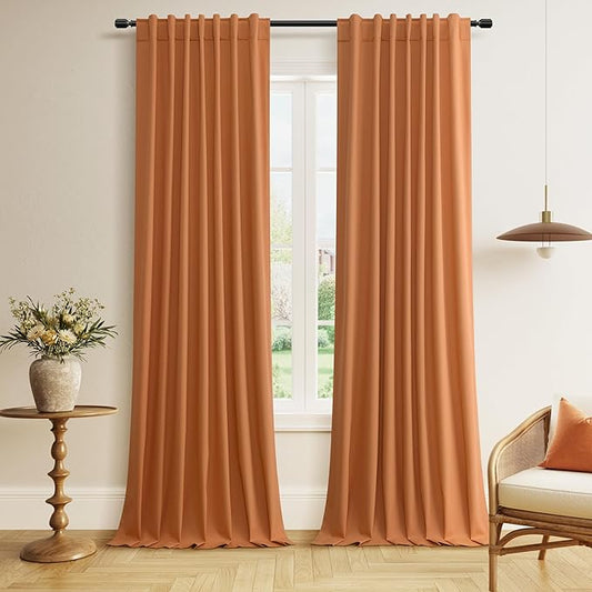 Guken Orange 100% Blackout Curtains 96 Inch Length 2 Panels Set for Living Room Bedroom Back Tab Thermal Insulated Black Out Linen Drapes Room Darkening Window Curtains 96 Inches Long