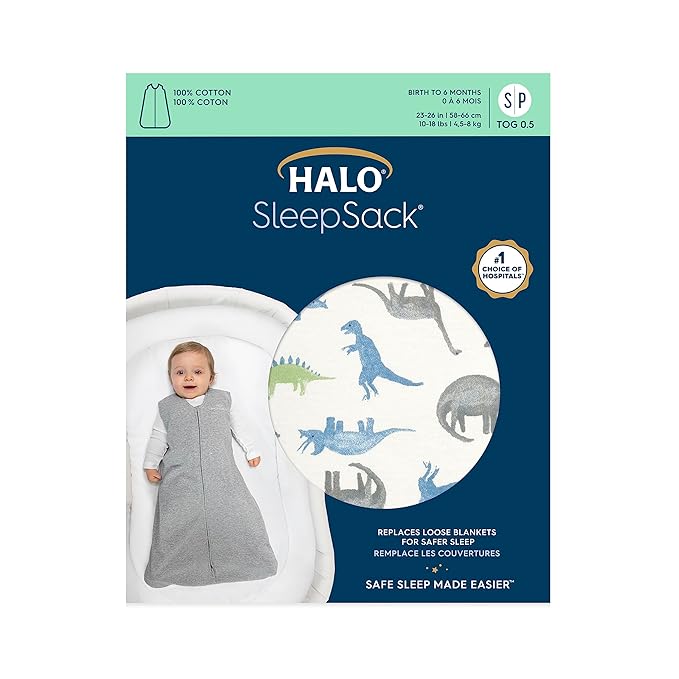 HALO SleepSack, 100% Cotton Wearable Blanket, Swaddle Transition Sleeping Bag, TOG 0.5, Watercolor Dinos, X-Large, 18-24 Months
