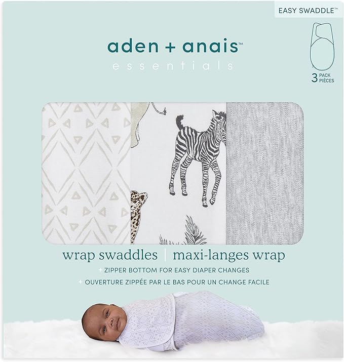 aden + anais Essentials Easy Swaddle Wrap Quick Change with Bottom Zipper, Snug Cotton Knit Baby Wrap Swaddle Blanket for Newborns, TOG 1.0, 3-Pack, Toile, 0-3 Months, Small/Medium