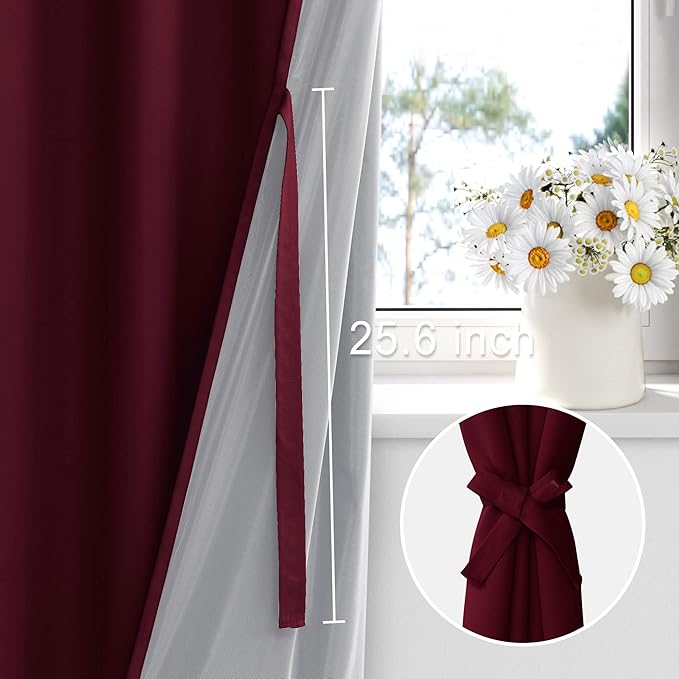 XWZO 100% Blackout Window Curtains- Thermal Insulated & Noise Reduction Black Liner Ring Top Window Treatment Sewn with Tiebacks for Bedroom/Living Room, Burgundy, W42 x L45, Set of 2