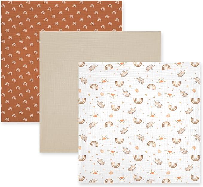 3-Pack 100% Cotton Muslin Swaddle Blankets, Large 47 x 47 Inches — Breathable Soft Receiving Blankets for Newborns, Swaddling Wraps, Registry Gift (Rainbow Elephant Safari)