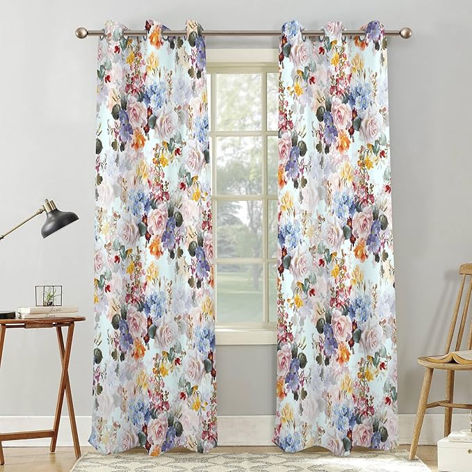 Renaiss Flower Blossom Curtains Watercolor Floral Painting Thermal Insulated Window Curtains for Living Room Bedroom Blackout Window Drapes Grommet Top 53W x 84L Inch 2 Panel Set