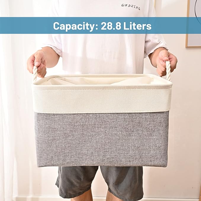 HOdo Home Fabric Storage Bin with Drawstring Closure and 2 Bold Handles, Collapsible Large Canvas Storage Baskets for Organizing Shelf Nursery Home Closet (White&Grey, 15.8L×11.8W×9.5H - 4Pack)