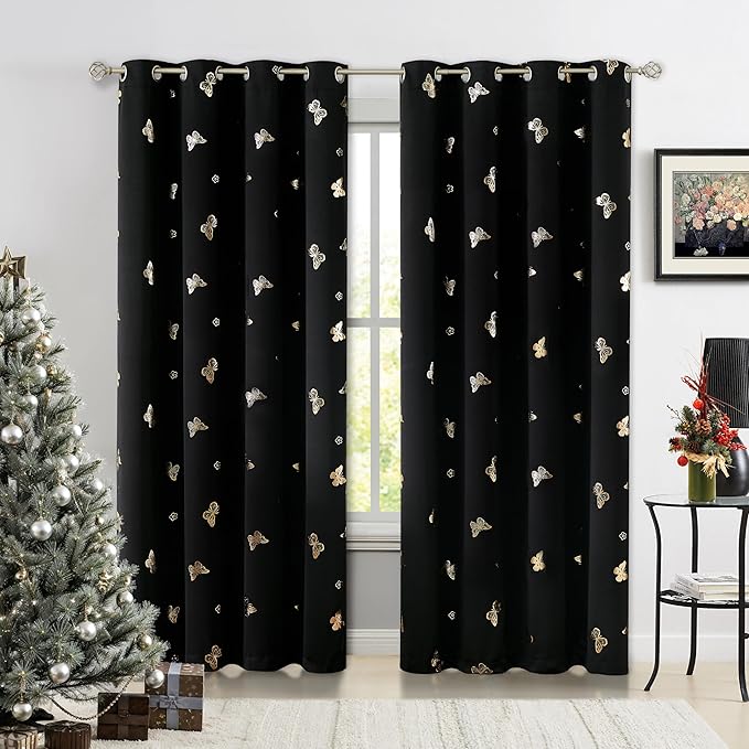 Jubilantex Butterfly Blackout Curtains 2 Panels 84 Inch Long for Girls Bedroom, Black and Gold Foil Print Floral Drapery 100% Room Darkening Grommet Top Window Drapes for Living Room, 52x84Inch