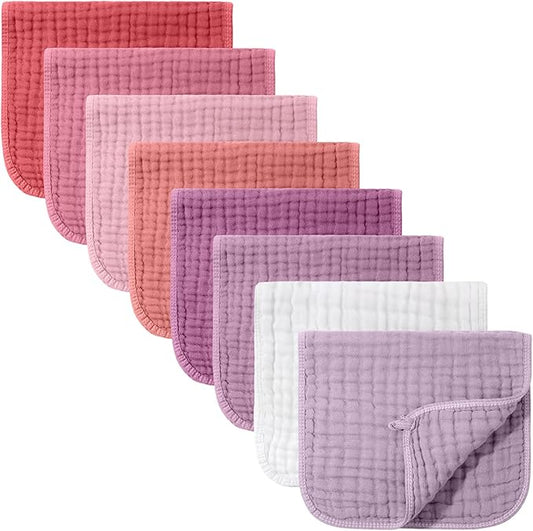 Remagr 8 Packs Muslin Burp Cloths Large 20" x 10", 6 Layers Unisex Baby Absorbent 100% Cotton Burp Rags Colorful Muslin Washcloths for Baby Plain Soft Cotton Cloth for Babies Girls Boys(Vivid Colors)