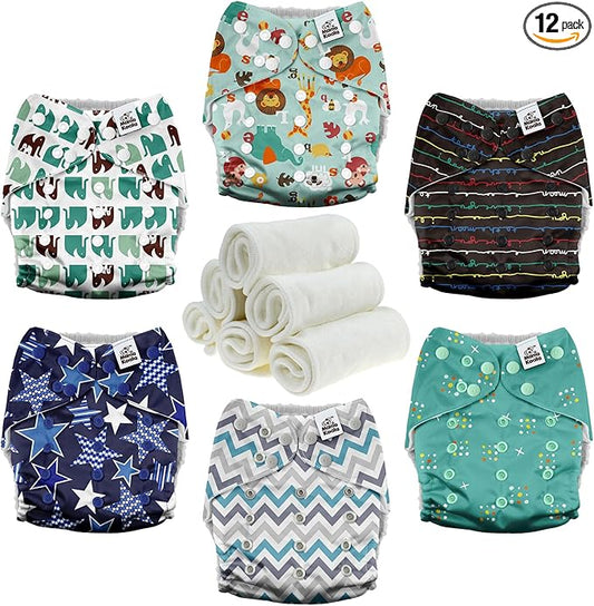 Mama Koala 3.0 Cloth Diapers for Babies with AWJ Lining, 6 Pack with 6 Natural Cloth Diaper Inserts - Reusable and Washable Pocket Diapers (Jagger-R)