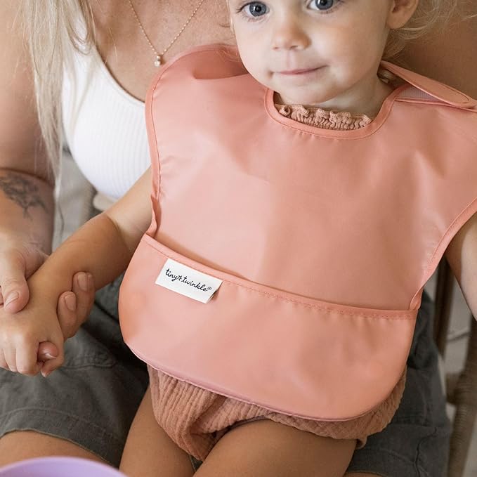 Tiny Twinkle Mess-Proof Baby Bibs for Eating | Waterproof, Wipeable Toddler Bibs with Catch-All Pocket | Feeding Bibs for Girls & Boys(5 Pack, Girl Spring)