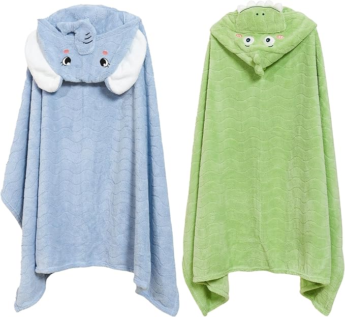 Toddler Hooded Bath Towel 31X47 Unisex Baby Bath Towels Absorbent Soft Boys Girls Bath Towel 2-Pack Bathrobe Kids Shower Towel Set Gift for Babies, Infant, Newborn Essential (Green + Blue)