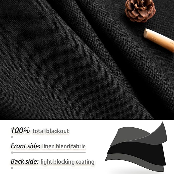 102 Inch Long 100% Blackout Curtains 2 Panel Set, Pleated Linen Black Out Back Tab Darkening Thermal Insulated Curtain Drapes for Bedroom, 52x102 in Length, Black