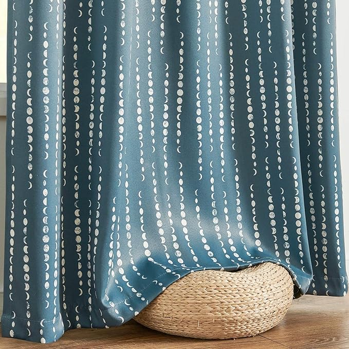 jinchan 95% Blackout Boho Curtains, Moon Phases Printed 63 Inches Long Blue Drapes for Bedroom Living Room Nursery Farmhouse, Rod Pocket Back Tab Thermal Insulated Window Treatment Set 2 Panels