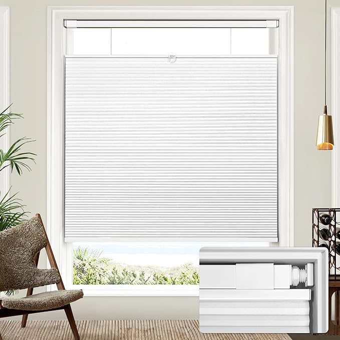 Lazblinds Upgraded Top Down Bottom Up (TDBU) Honeycomb Blinds, No Drill No Tools Easy Install Cordless Cellular Shades for Windows 35" W x 64" H, White - Blackout
