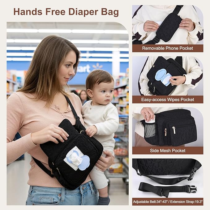 Rexmore Puffer Quilted Fanny Pack Diaper Bag for Mom - Women‘s Compact Crossbody Purse with Portable Changing Pad & Wipes Pouch, Travel & Quick Errand Baby Essentials Organizer(Black)